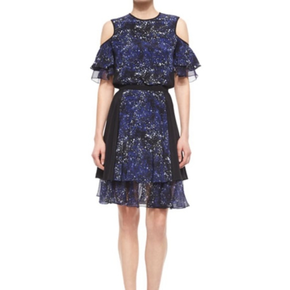 Prabal Gurung Splatter Print Cold Shoulder Tiered Dress. Size 8